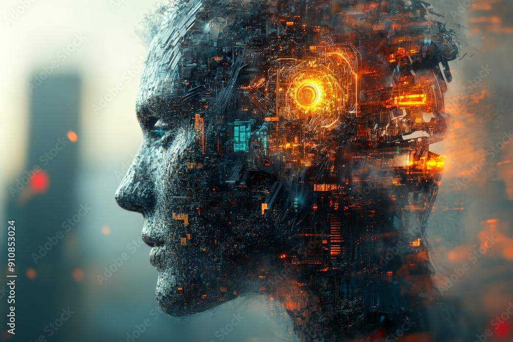 Poster harmony of human and machine: surreal abstract composition symbolizing collaboration with ai