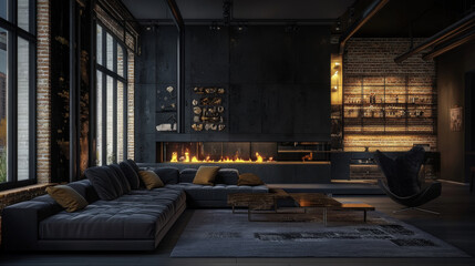 A modern living room with a dark color scheme and a fireplace. It has an industrial style with exposed brick walls and metal accents.