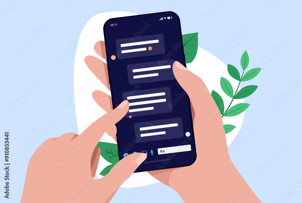 Poster Text message on mobile phone screen - Hand holding smartphone texting and typing with finger on touchscreen. Online messaging and communication concept in flat design front view vector illustration