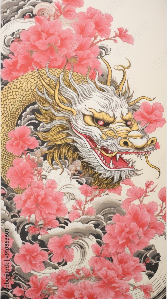 Wall mural gold and silver and pink chinese dragon pattern drawing art.