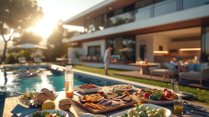 Fototapeta premium Family picnic, happy people gathered, a lot of picnic food at the backyard of a modern house with pool, happy family. Generative AI.