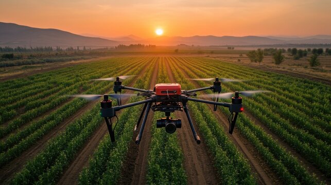Farmers using drones to monitor crops in a vast agricultural landscape., 