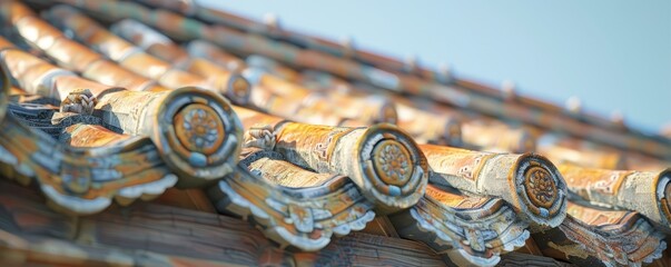 Traditional roof with ornate eaves, 4K hyperrealistic photo