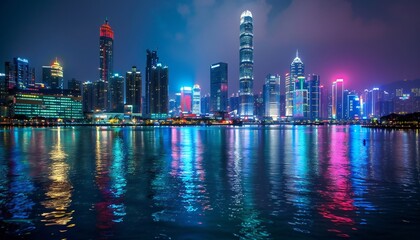 Fototapeta premium The night cityscape illuminated by multi-colored lights is reflected in the water