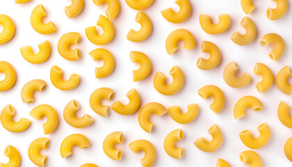 raw macaroni pasta isolated on white background with full depth of field. Top view. Flat lay