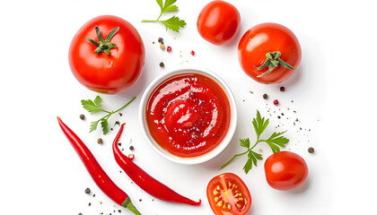 Red tomato sauce or ketchup isolated on white background. Top view. Flat lay