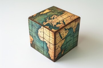 Obraz premium A wooden cube featuring a detailed map of the world, showcasing countries, continents, and major bodies of water, Three dimensional, cube-shaped puzzle gift box, AI Generated