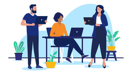 Smiling people working on computers - Small team of three businesspeople holding laptops working, talking and having conversation at work in office. Flat design vector illustration