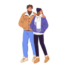 Couple in outerwear walks together in winter. Boyfriend cuddles girlfriend during stroll. People are on romantic date outdoor in wintertime. Flat isolated vector illustration on white background