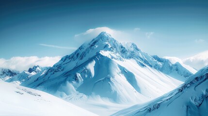 Beautiful snow mountain peak, with a clear light blue sky and no cloud. The sky have a lot of blank spaces. Generative AI.