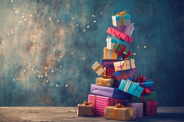 A festive Christmas tree constructed entirely out of beautifully wrapped presents, creating a colorful and joyful holiday display, Tower of gift boxes toppling over, AI Generated