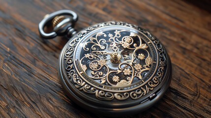 An antique pocket watch with a intricate design on a wooden surface.