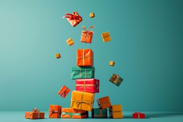 A collection of presents stacked on top of each other, creating a colorful and festive display, Tower of gift boxes toppling over, AI Generated