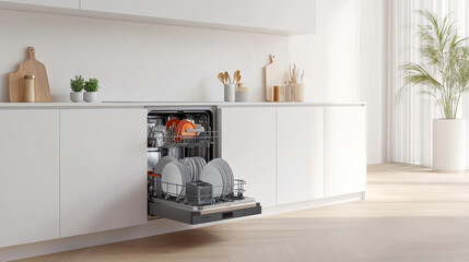 A modern white kitchen with built-in dishwasher open, showing clean cutlery, dishes, and plates inside.