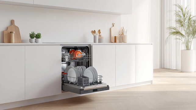 A modern white kitchen with built-in dishwasher open, showing clean cutlery, dishes, and plates inside.