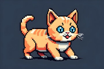 Classic 8 bit pixel illustration of cute smiling happy young cat on grey background