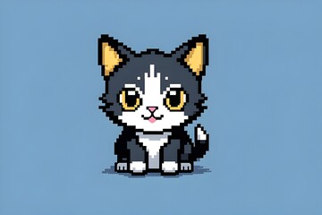 Classic 8 bit pixel illustration of cute smiling and sitting happy young cat on blue background