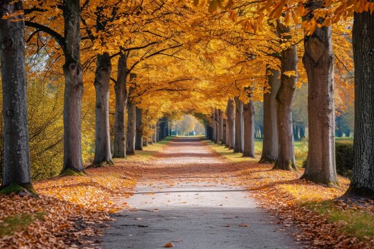 A long road stretches ahead, flanked on both sides by tall trees adorned with vibrant orange, red, and yellow autumn leaves, Tree-lined path during the fall season in a calm park, AI Generated