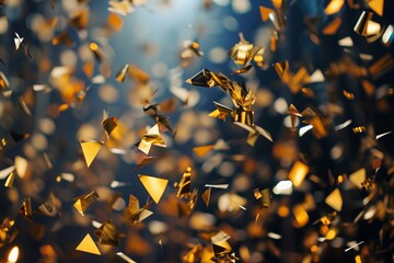 Gold confetti scattered and flying through the air in a vibrant burst of color, Triangular, gold confetti cascading over a New Year's celebration, AI Generated