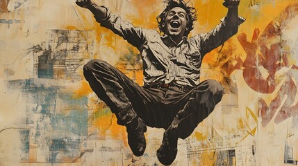 Creative collage artwork of a funny man jumping up with a fist pump, featuring an intricate drawn background