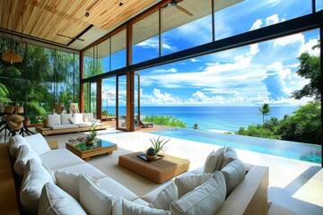 Fototapeta premium A spacious living room with a variety of furniture pieces, including sofas, chairs, tables, and a bright, expansive window, Tropical beach house with ocean view, AI Generated