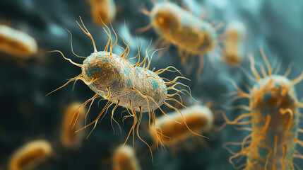 Fototapeta premium Microscopic view of bacteria with detailed structures and textures, showcasing their complex forms and highlighting the intricacies of microbiology.