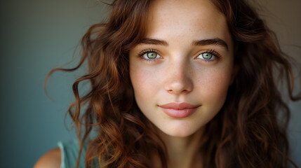 Naklejka premium Young woman with wavy hair and clear green eyes, looking directly at the camera. Her natural beauty and serene expression create a captivating portrait.