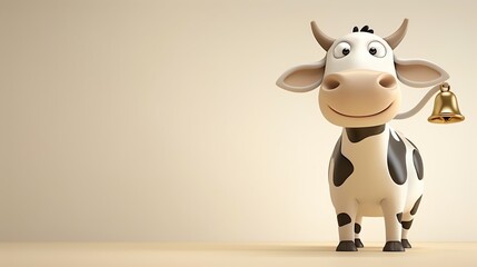 Fototapeta premium A cartoon cow with a bell on its tail, looking to the left.