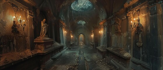 A hidden crypt with arcane carvings and an eerie glow, guarded by cryptic statues, realism, dim light, high detail, mysterious ambiance 8K , high-resolution, ultra HD,up32K HD