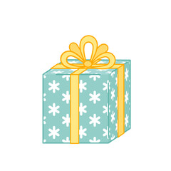 Blue gift box with big yellow bow. Cartoon, vector.