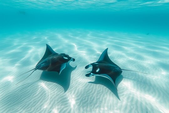 A photo capturing a pair of stingfish gracefully swimming in the vast ocean, Two manta rays gracefully gliding in clear ocean water, AI Generated