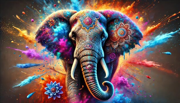 Vibrant elephant with mandala designs in colorful explosion background, symbolizing creativity. Generative AI