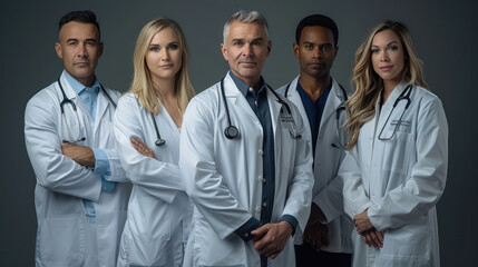 Fototapeta premium Medical staff in professional attire posing casually on a solid black background. Generative AI.