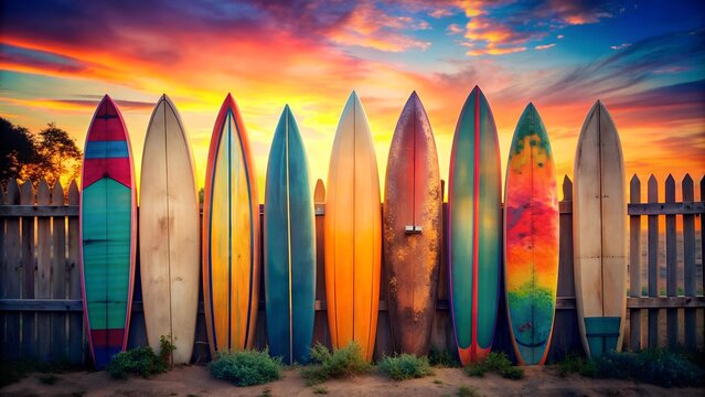 A Vibrant Display of Surfboard Colors Against a Rustic Wooden Fence  generative AI