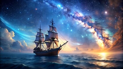 Obraz premium Celestial Voyage: A Pirate Ship Navigates the Bioluminescent Sea Under a Galaxy of Stars AI generated