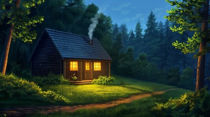 Fototapeta premium A secluded cabin in the woods, with an esoteric figure sweeping the porch and a mystical brew steaming in a kettle, realism, soft natural light, intricate details, tranquil yet mystical vibe