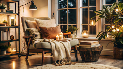 Comfortable reading chair with candle lights next to window in evening cozy reading corner with table lamp