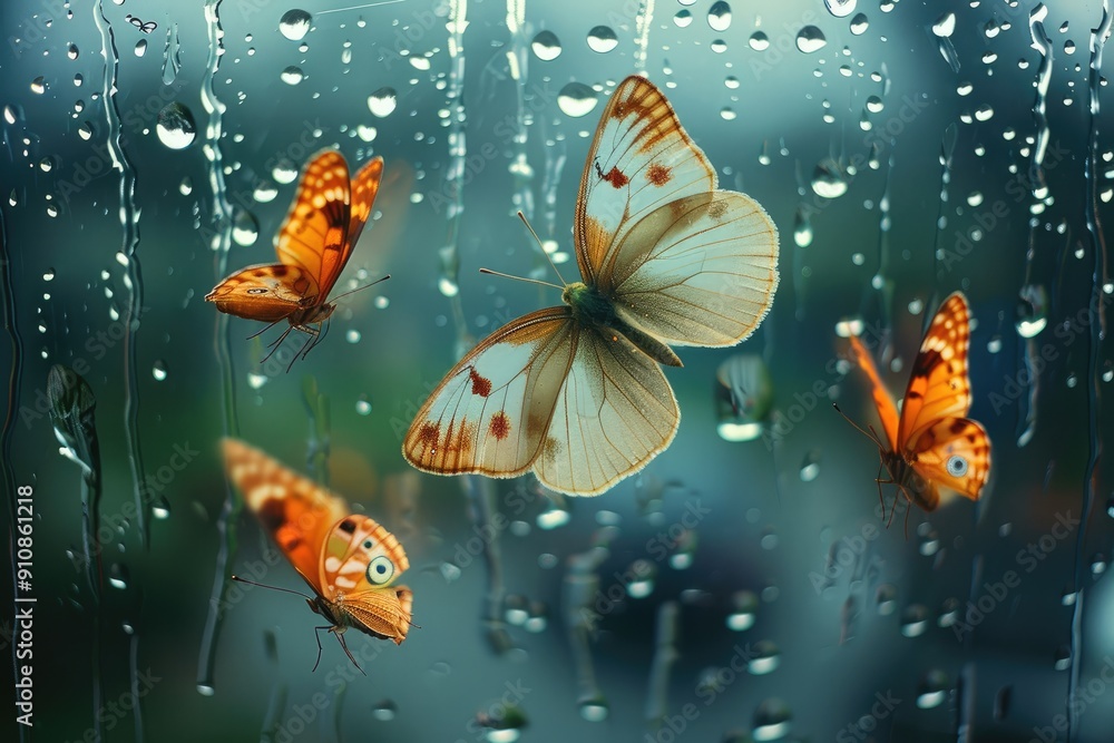 Poster spring rain hitting window frames, butterflies dancing gracefully. generative ai.