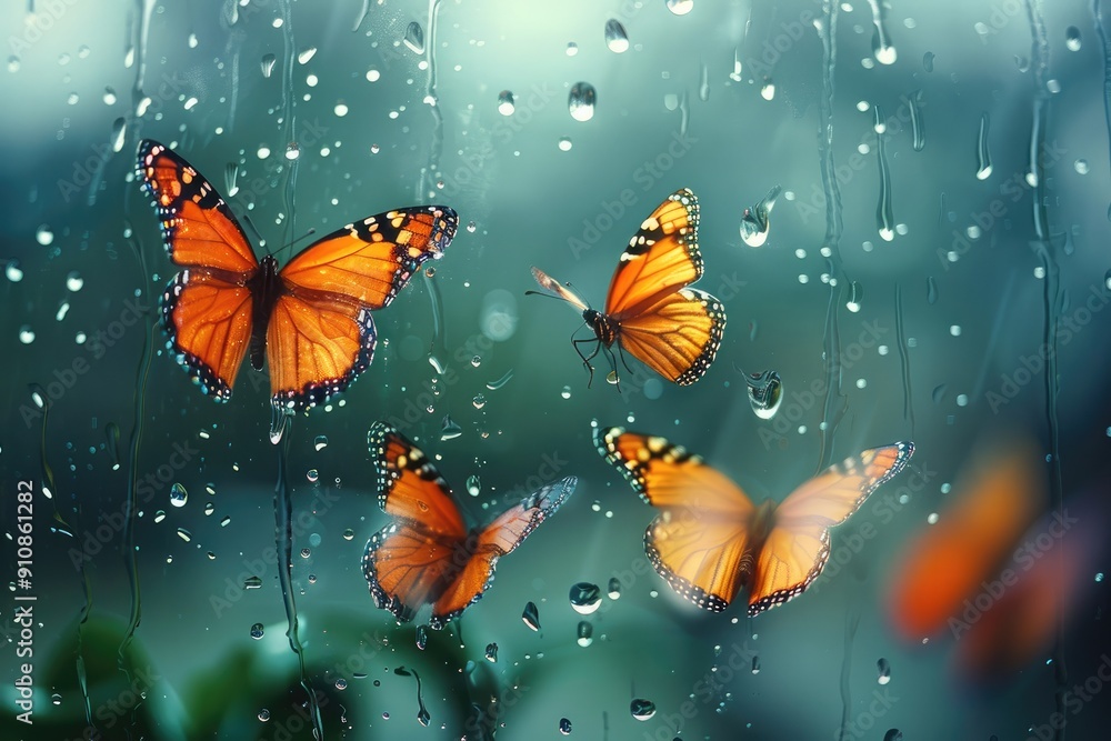 Poster spring rain hitting window frames, butterflies dancing gracefully. generative ai.