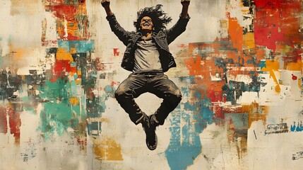 Fototapeta premium Collage artwork poster of a lively man jumping up with a raised fist, isolated on an intricate and artistic backdrop