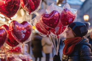 A woman happily holds a bunch of heart shaped balloons, Valentine's day balloon seller in a busy...