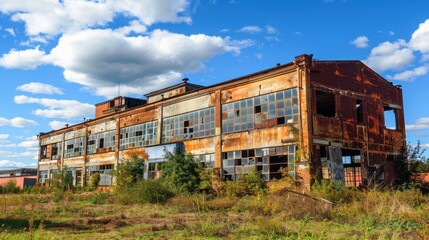 An old factory with peeling paint and broken windows, overtaken by nature