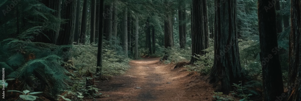 Poster a tranquil forest trail enveloped by towering trees and dense foliage, creating a peaceful and immer