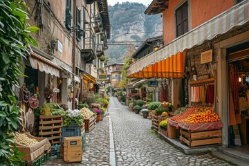 Fototapeta premium A cobblestone street filled with vendors selling a variety of fresh fruit and vegetables, Valentineâ€™s day street market in a picturesque Italian town, AI Generated
