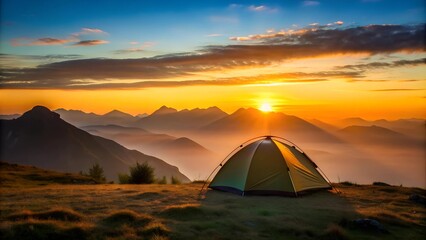 Sunrise Over the Mountains with a Tent Silhouette  AI generated