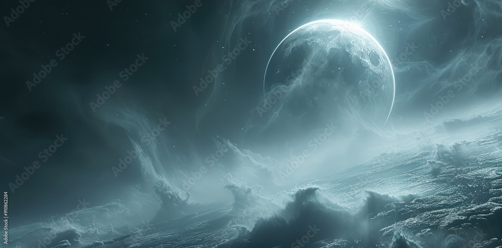 Poster A distant planet is seen from space, with light rays shining through the atmosphere of an alien world. The background is dark and foggy. The moon is visible in the sky. Generative AI.