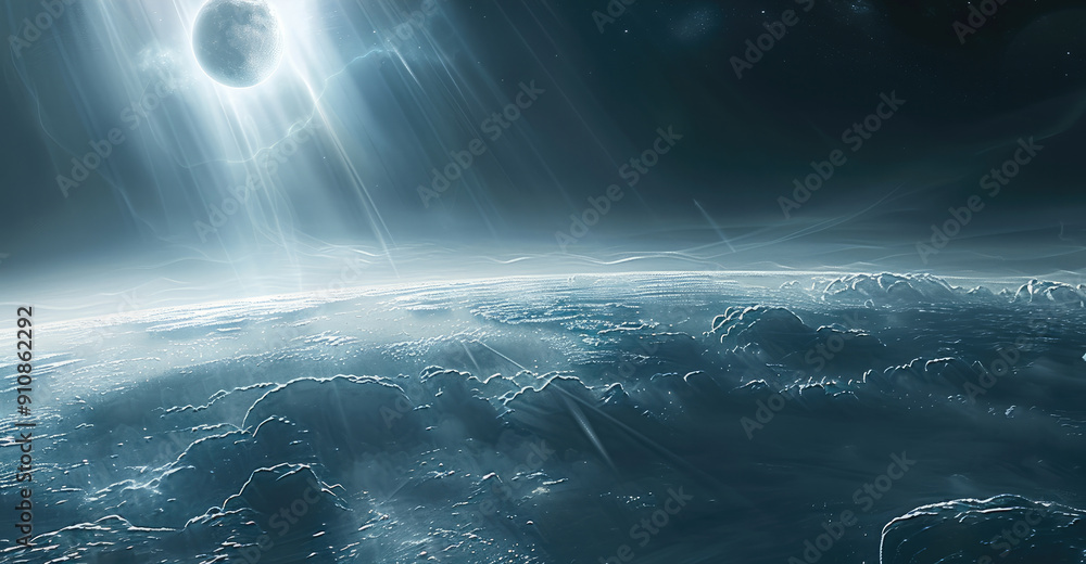 Poster A distant planet is seen from space, with light rays shining through the atmosphere of an alien world. The background is dark and foggy. The moon is visible in the sky. Generative AI.