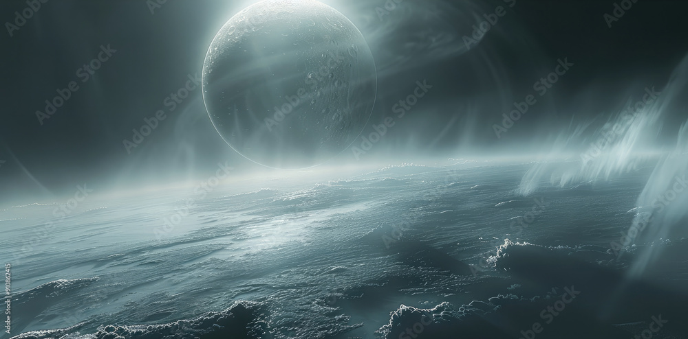 Poster A distant planet is seen from space, with light rays shining through the atmosphere of an alien world. The background is dark and foggy. The moon is visible in the sky. Generative AI.