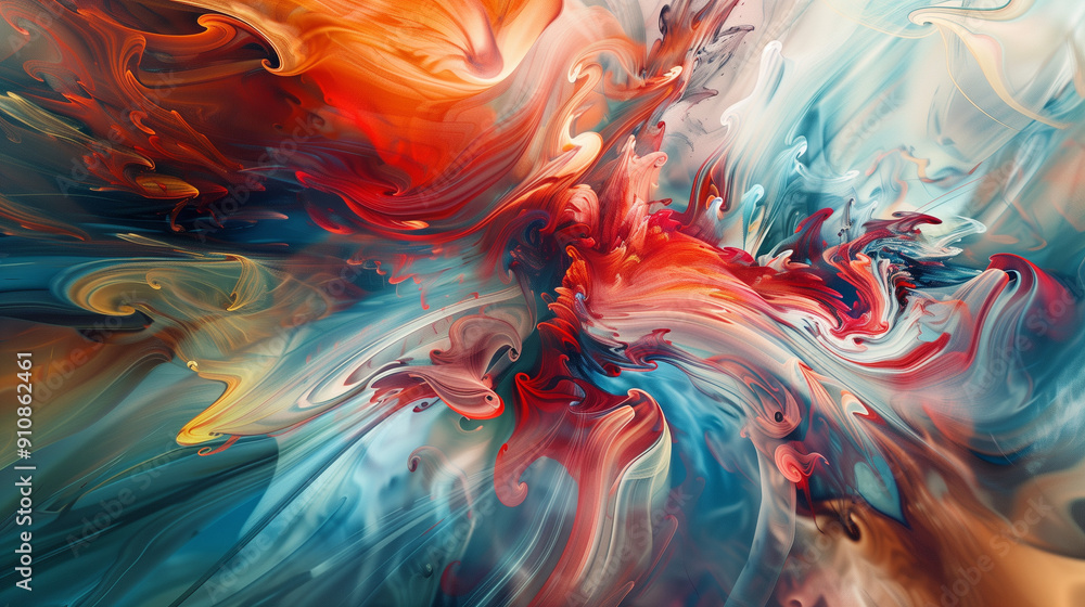 Wall mural abstract background: swirling colors and blurred forms, predominantly cool tones with splashes of red and orange.