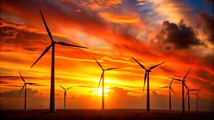Silhouettes of Power: Wind Turbines Against a Fiery Sunset  AI Generated